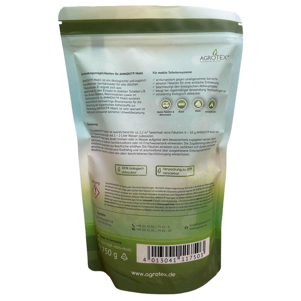 AGROTEX Ökologischer Sanitärzusatz AMMOVIT Mobil für Campingtoiletten, 750 g