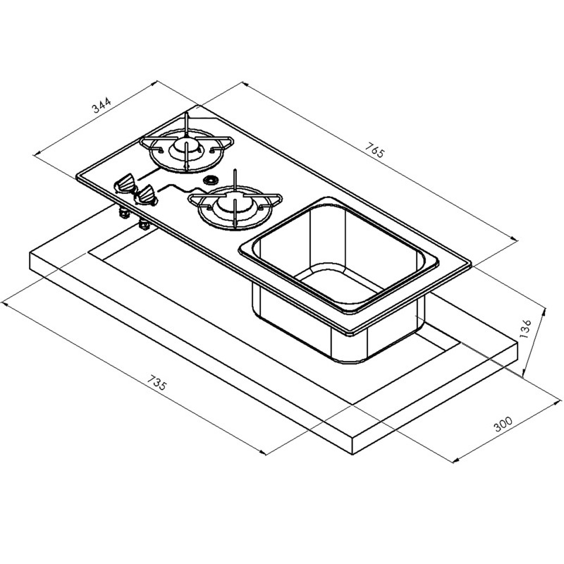 Carbest Kocher-Spülenkombination 2-flammig, Spüle rechts