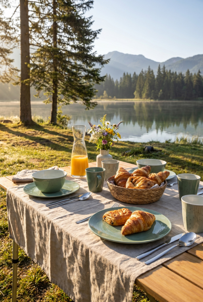 Ein Campingtisch in holzoptik am Seeufer. Im Hintergrund sind Bäume und Berge. Die Morgensonne scheint. Der Tisch ist gedeckt mit olivfarbenen Tellern, Bessteck, Müslischalen udn Kaffebechern. Ein Korbe mit Croissant, frisch gepresster Orangensaft und ein
