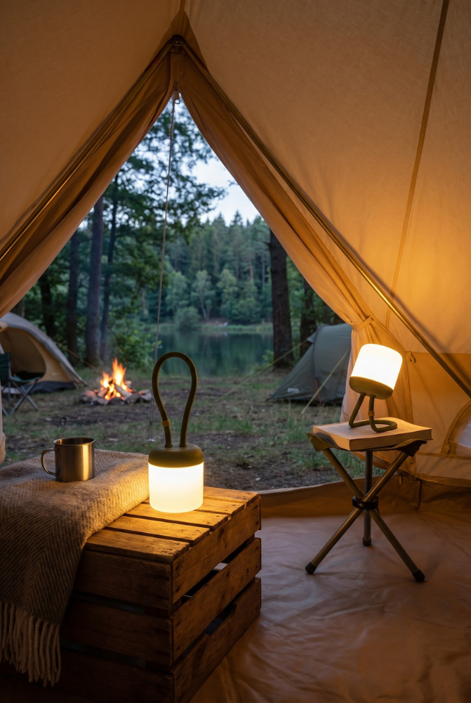 Ein Campingplatz im Wald. Im Hintergrund ein See. Es wird Nacht. Im Zelt stehen auf zwei Beistelltischen zwei Campinglaternen und sorgen für warmes Licht.