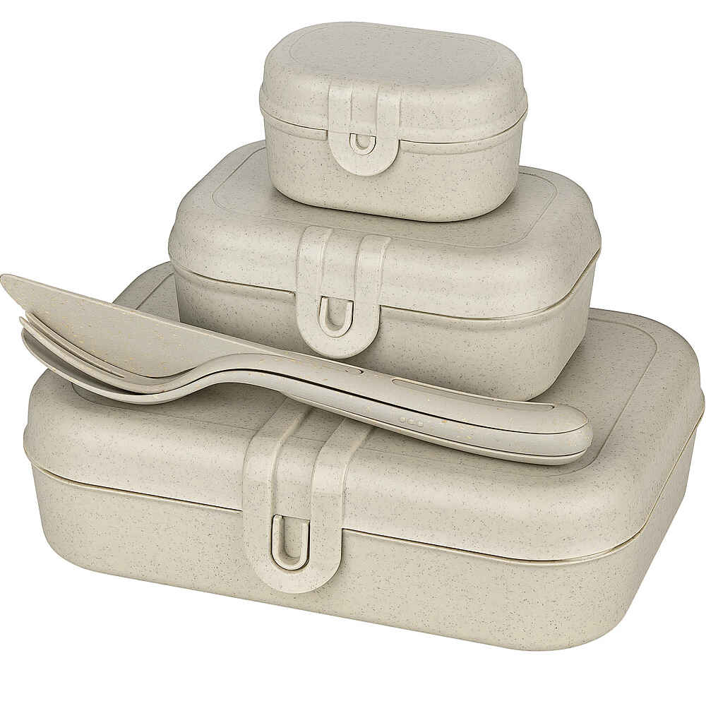 Koziol Lunchbox - und Besteck-Set PASCAL READY, nature desert sand, 4er-Set